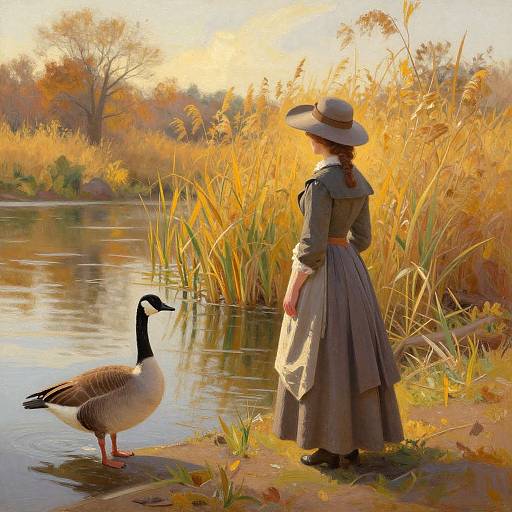 Digital painting: Victorian woman in gray dress and wide-brim hat stands by sunny autumn pond, watching black and white Canada goose.
