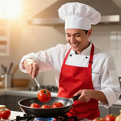 Joyful Chef Cooking Vibrant Tomatoes