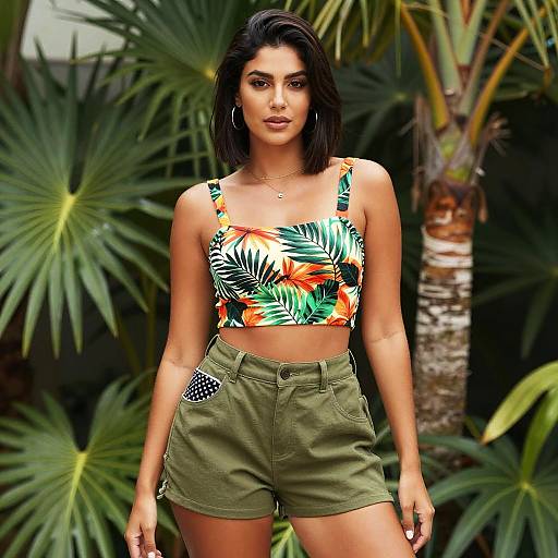 Confident Woman in Tropical Summer Outfit