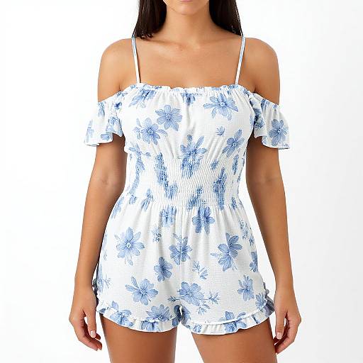 Photograph of a woman with tan skin wearing a white off-shoulder romper with blue floral patterns and thin straps, standing against a plain white