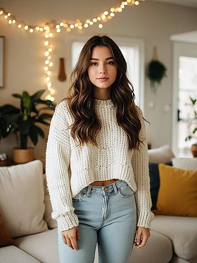 Young Woman in Chunky Knit Sweater Indoors
