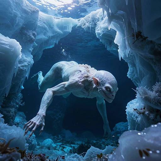 Photorealistic digital artwork: A white, muscular, humanoid monster with sharp teeth and glowing eyes swims through a glowing blue icy cave, surrounded by jag