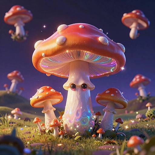 Trippy Cartoon Mushrooms in Surreal Landscape