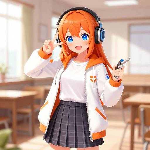 Cheerful Anime Girl with Headphones