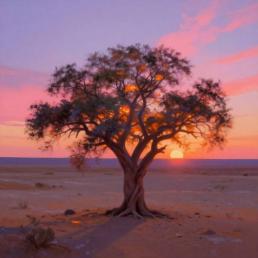 Photograph of a solitary, silhouetted acacia tree against a vibrant sunset, with orange, pink, and purple skies over a barren,