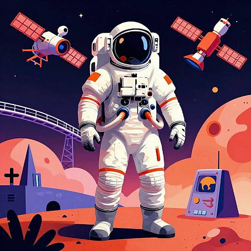 Digital illustration of a white space astronaut with a black visor, standing on a red planet with two satellites, a control panel, and a church in