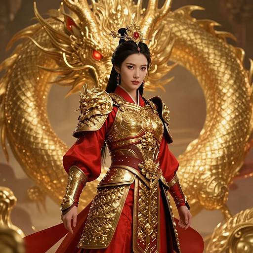 Digital artwork of an Asian woman in ornate, gold dragon armor with red robes, standing before a glowing golden dragon.