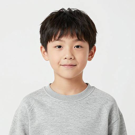Photograph of an Asian boy with short black hair, light skin, and a slight smile, wearing a gray sweater, against a white background.
