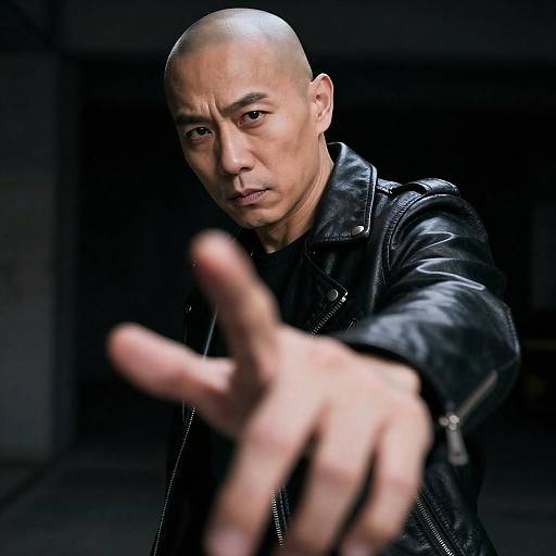 Intense Bald Man in Leather Jacket