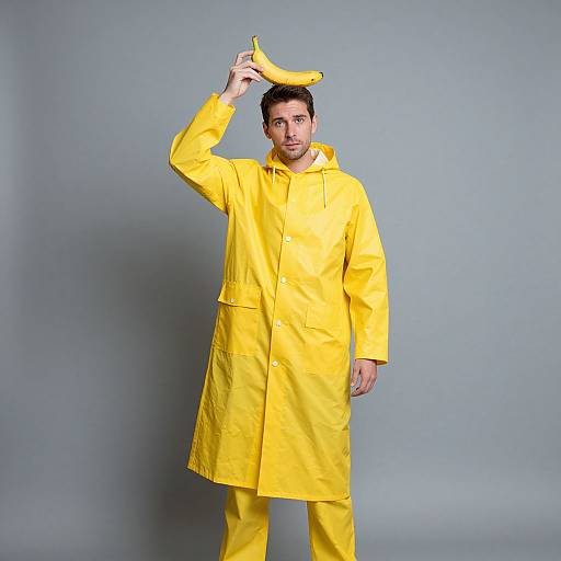 Photograph of a man in a bright yellow raincoat and pants, holding a banana on his head, against a plain gray background.