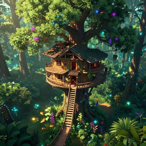 Digital art of a magical, wooden treehouse with a ladder, nestled in a vibrant, enchanted forest filled with colorful glowing flowers and lush greenery.