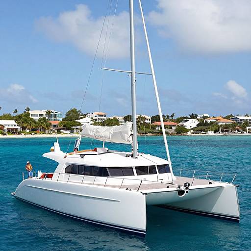 Photograph of a sleek, white sailboat with a tall mast, anchored in clear turquoise water, against a backdrop of white houses and palm trees under
