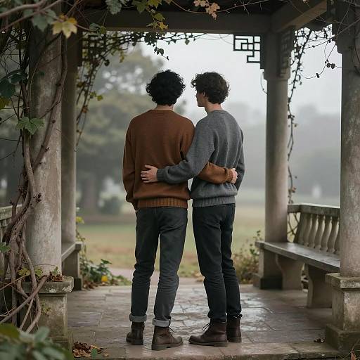 Two Men Embracing on Stone Porch