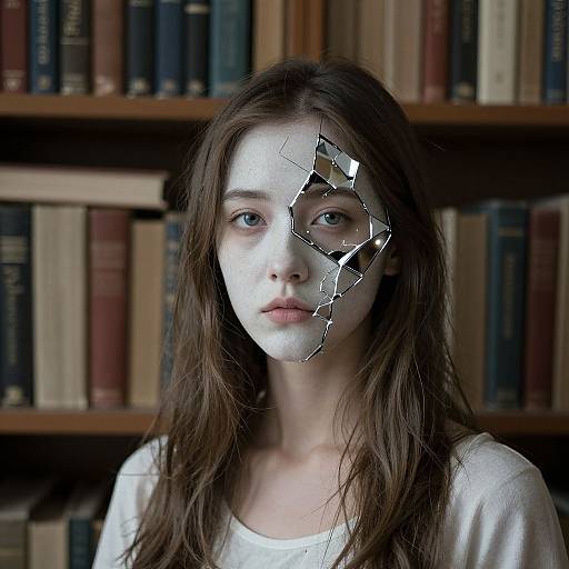 Photograph of a young woman with long brown hair, white-painted face, cracked mirror reflection on forehead, against a bookshelf background.