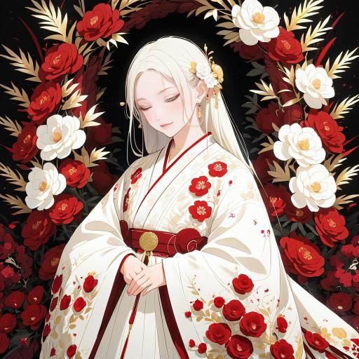 Elegant Anime Woman in Floral Harmony