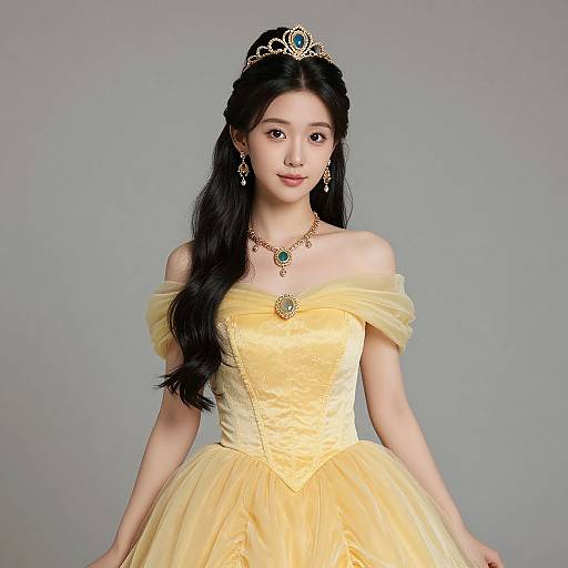Photograph of an East Asian woman with long black hair, wearing a yellow off-shoulder ball gown, tiara, and green pendant necklace,