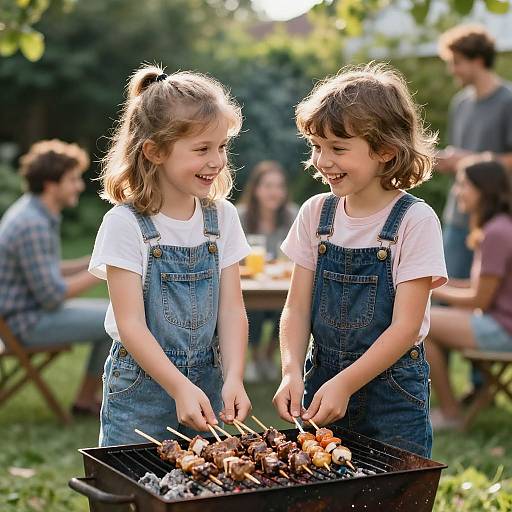 Photograph of two young girls in denim overalls, smiling while grilling meat in a backyard, surrounded by blurred adults and greenery.