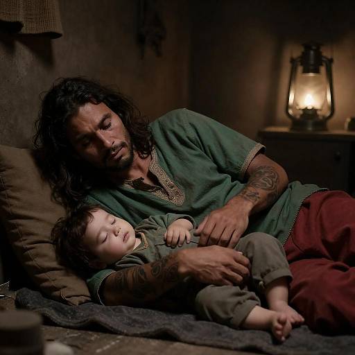 Weary Man Cradling Sleeping Child