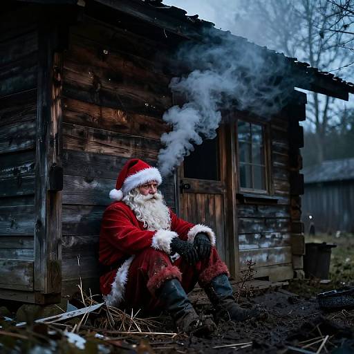 Photograph of Santa Claus with a white beard, smoking, sitting against a dark, weathered wooden cabin, wearing a red suit and hat, with