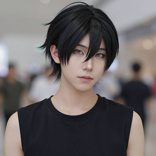 Photograph of an androgynous young person with pale skin, black tousled hair, blue eyes, and a black sleeveless shirt, standing