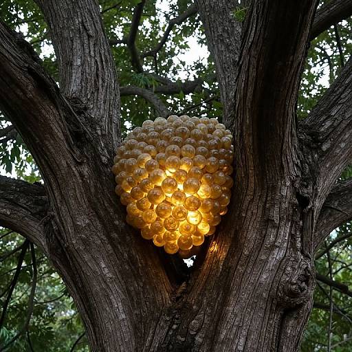 Photograph of a tree with a glowing, golden, spherical cluster of translucent, bubble-like ornaments nestled in its rough, dark brown bark, set against