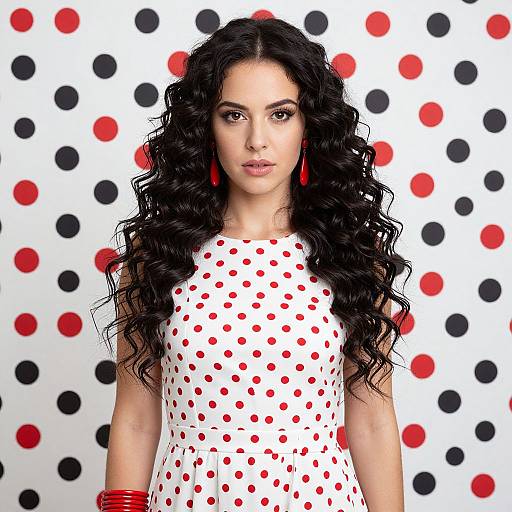 Photograph of a woman with long, curly black hair, wearing a white polka dot dress, red earrings, and red bracelet, against a white