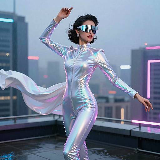 Futuristic Cyber Model in Neon Cityscape