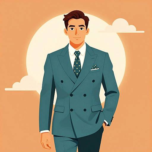 Illustrated Man in Teal Double-Breasted Suit