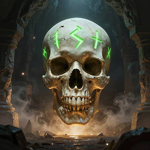 Glowing Rune-etched Skull in Cavern