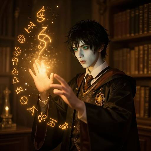 Digital art of a young man with black hair and green eyes, wearing a Hogwarts school robe, casting a glowing magical spell in a dimly lit,