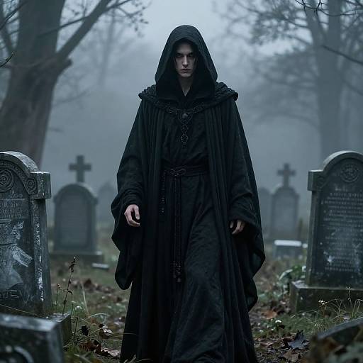 Mysterious Robed Figure in Foggy Graveyard
