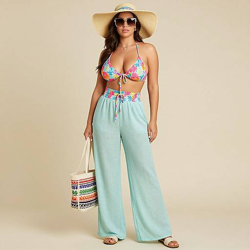 Photograph of a tan-skinned woman with long brown hair, wearing a colorful floral bikini top, light blue high-waisted pants, wide-br
