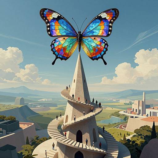 Digital art: Vibrant, large butterfly with colorful wings hovers above a spiraling, ancient stone tower in a sunlit, sprawling, blue-s