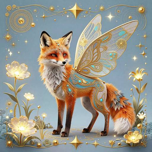 Digital artwork of a fox with intricately designed, fairy-like wings, adorned in gold and blue patterns, standing amidst glowing flowers.