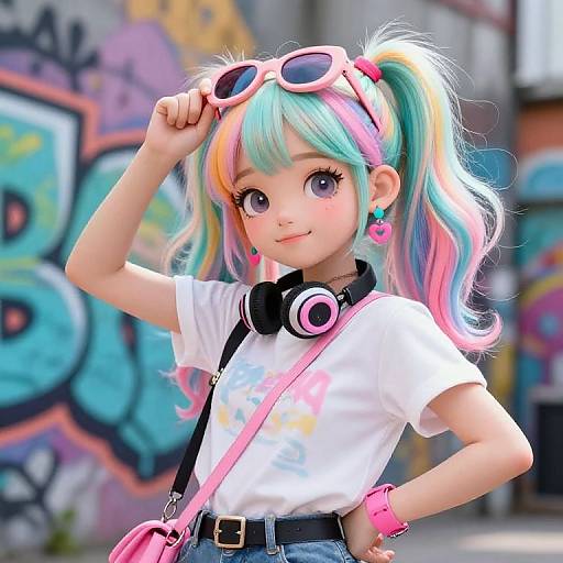Digital anime-style girl with colorful hair in pigtails, wearing pink sunglasses, white tee, headphones, pink bag, and earrings, stands in graffiti
