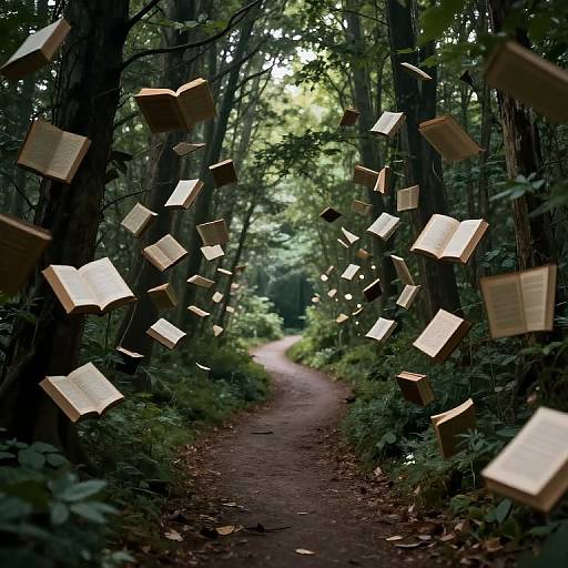 Photograph of a forest path with open books floating in mid-air, surrounded by tall trees and dense green foliage.