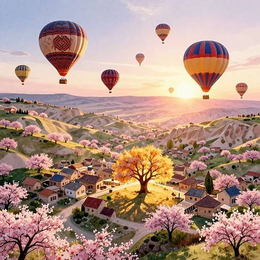 Whimsical Aerial View of Cherry Blossom Village