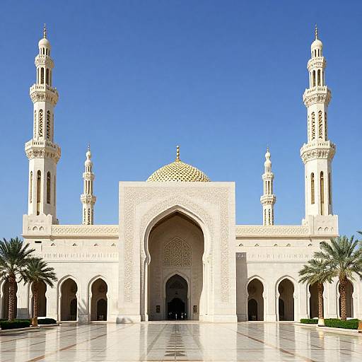 Photograph of a grand, white Islamic mosque with two tall minarets, intricate arches, and palm trees against a clear blue sky.