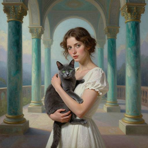 Digital painting of a fair-skinned, brown-haired woman in a white dress, cradling a dark gray cat with green eyes, in a classical