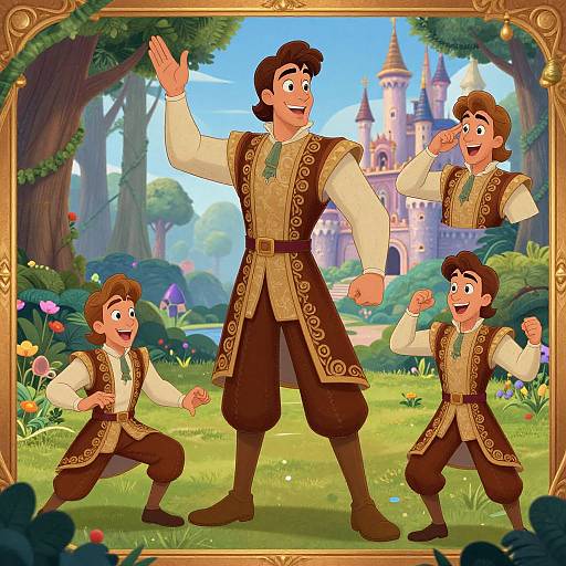 Digital illustration of four animated, brown-haired men in medieval outfits, dancing joyfully in a vibrant forest with a castle in the background.