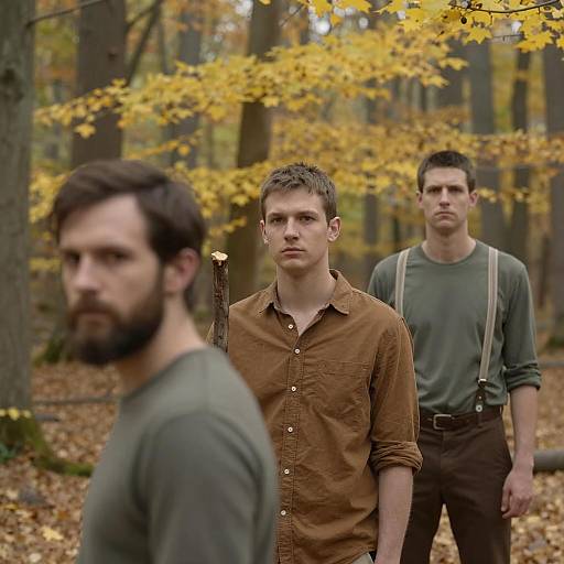 Three Men in Autumn Forest Scene