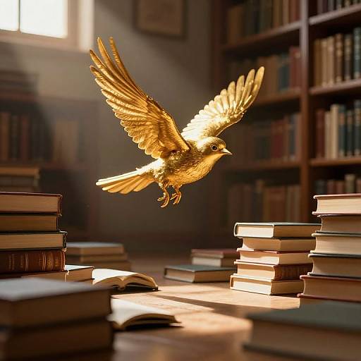 Golden bird in mid-flight above stacks of books in sunlit library, wings spread, sunlight casting warm glow on books. Photorealistic.
