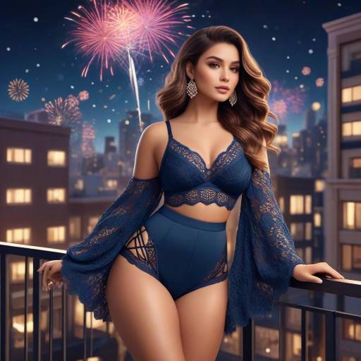 Woman in Lace Lingerie on Balcony at Night