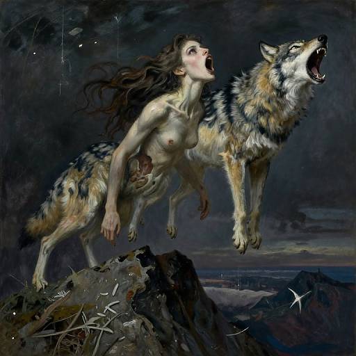 Digital painting of a topless woman with long brown hair, mid-transformation into a snarling, multi-colored wolf on a dark, rocky cliff