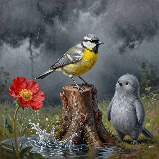 Digital painting of a yellow-bellied bird perched on a rain-soaked tree stump with splashing water, gray puffball bird nearby, red