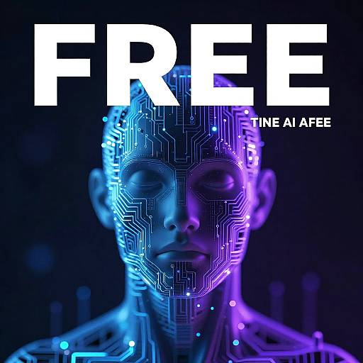 Digital artwork of a cybernetic face with glowing blue and purple circuitry, 