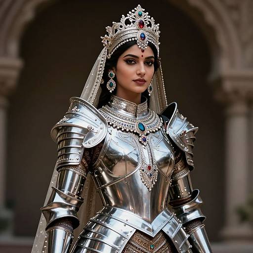 Photorealistic digital artwork of a regal woman with dark hair, wearing silver armor, a jeweled crown, and veil, standing in an ar