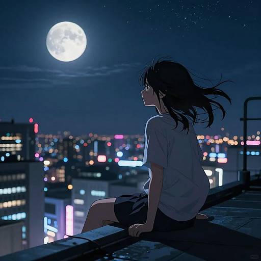 Anime-style digital illustration of a girl with long black hair, wearing a white shirt and black skirt, sitting on a rooftop at night, gazing at