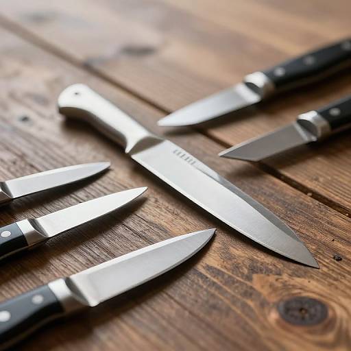 Photograph of six stainless steel knives with black handles, arranged on a rustic, wooden table with visible grain and knots.