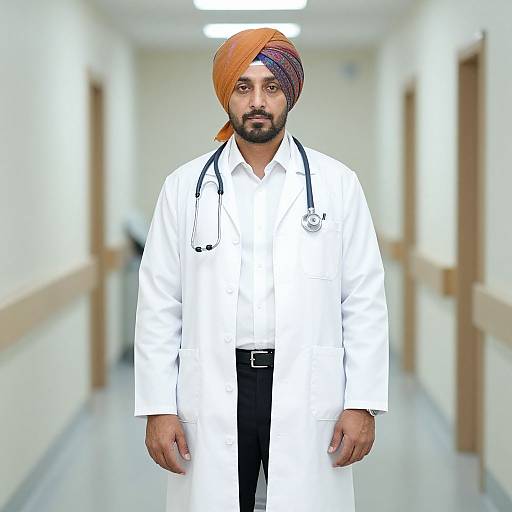 Photograph of a South Asian male doctor with a brown beard, orange turban, white lab coat, stethoscope, and black pants, standing